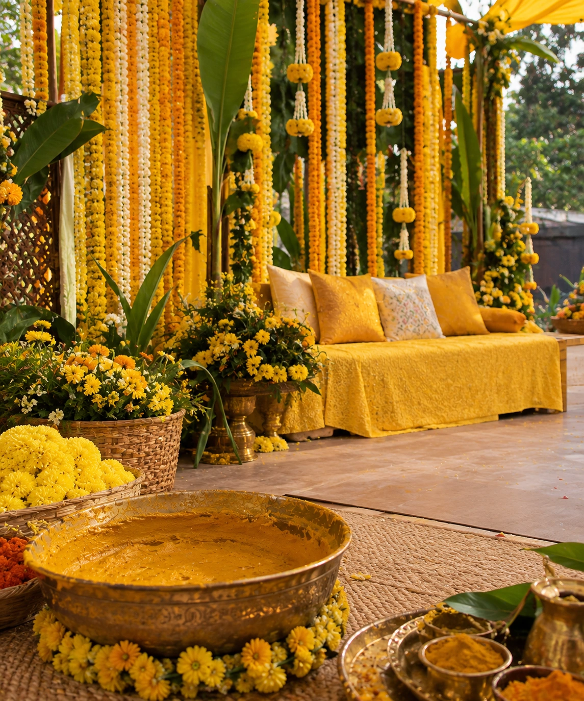 Haldi ceremony with turmeric paste and yellow flower decorations