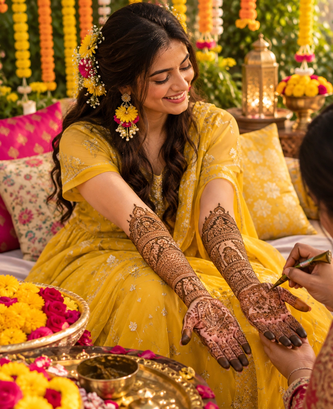 Mehendi ceremony with intricate henna designs
